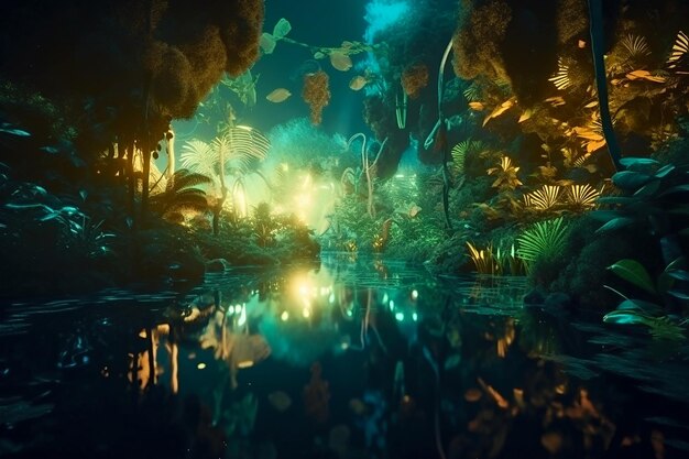 Photo exotic night fairy forest with mystical light generative ai