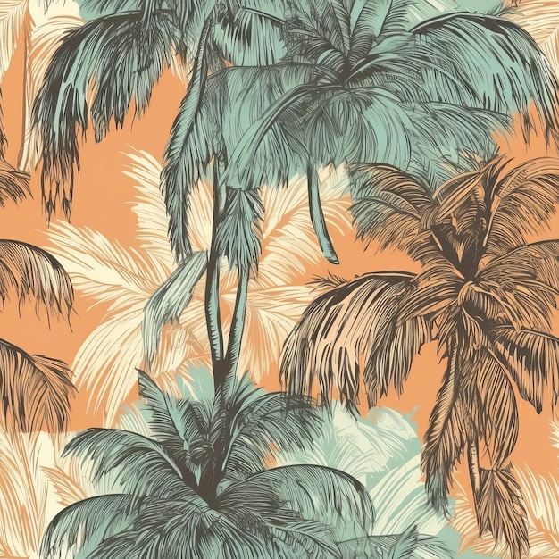 Exotic palm tree drawing on a trendy handdrawn background as a Seamless Pattern AI generation