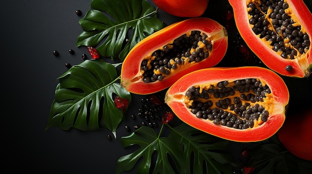 Exotic Papaya Fruit on Gray Background Flat Lay