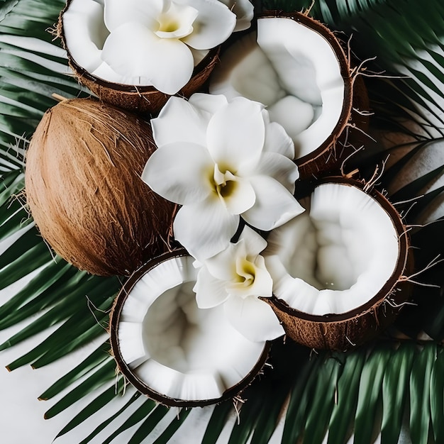 이국적인 낙원 연속 패턴 코코넛 슬라이스 잎과 꽃
