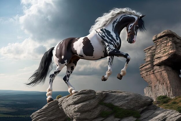 Exotic pet in form of horse walks around and dances on cliff