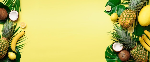 exotic pineapples ripe coconuts banana melon lemon tropical palm and green monstera leaves on yellow background with copyspace creative layout monochrome summer concept flat lay top view