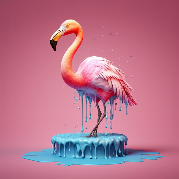 Exotic pink bird splashing on colored water Generative AI