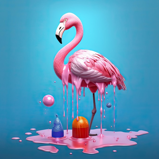 Exotic pink bird splashing on colored water Generative AI