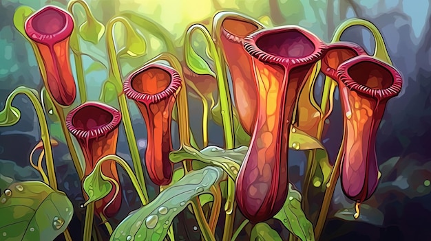 Exotic pitcher plants Fantasy concept Illustration painting