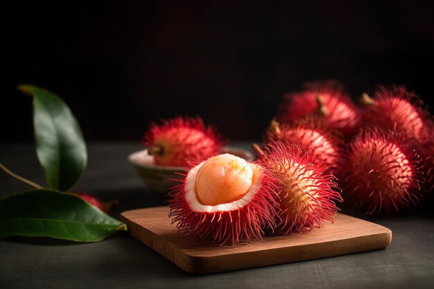 Foto frutta succosa esotica del rambutan sulla tavola frutti rotondi pelosi tropicali deliziosi e maturi generare ai