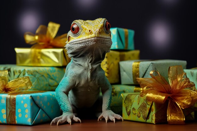 Exotic reptile and amphibian minimaliststyle Christmas gifts isolated on a white background