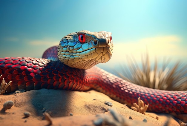 Photo an exotic snake with bright red eyes in the desert