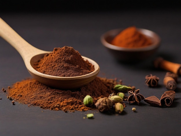 Exotic spice powder next to wooden spoon on chocolate surface