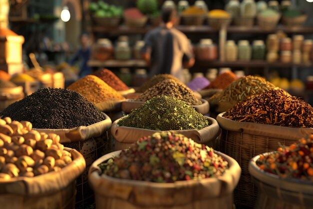 Photo exotic spices arranged in a bustling market