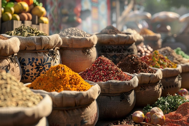 Exotic spices and herbs at a bustling market