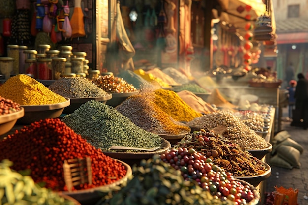 Exotic spices and herbs at a bustling market