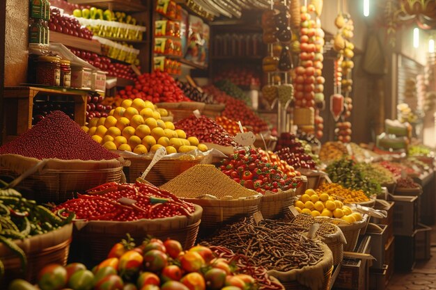 Photo exotic spices and vibrant produce at a bustling ma