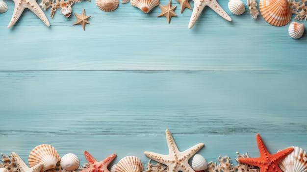 Экзотические морские звезды и ракушки на деревянном фоне Летний морской отдых Плоская площадка для копирования