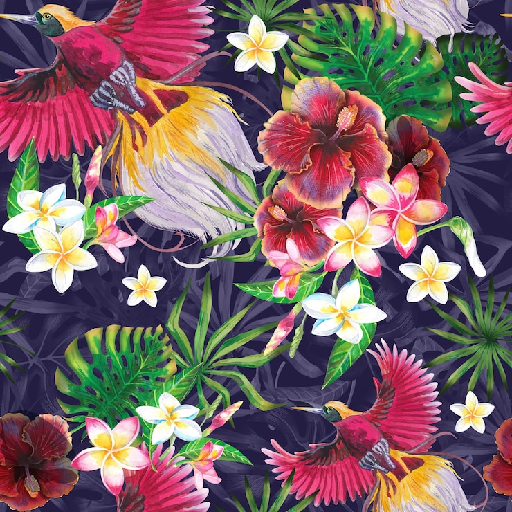 Photo exotic summer background with paradise bird, tropical leaves and hibiscus flowers. 