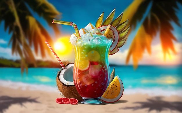 Exotic summer drink blur beach on background