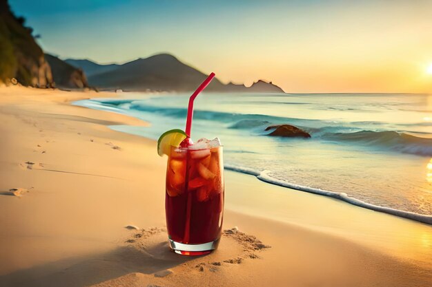 エキゾチックな夏の飲み物は、背景に砂浜をぼかします