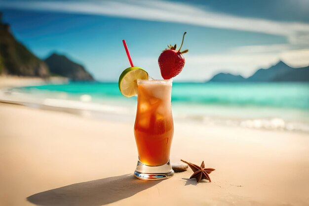 이국적인 여름 음료 배경에 모래 해변을 흐리게
