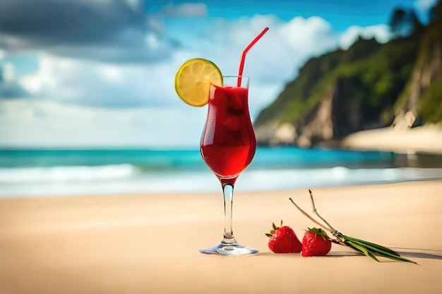 Exotic summer drinks blur sandy beach on background