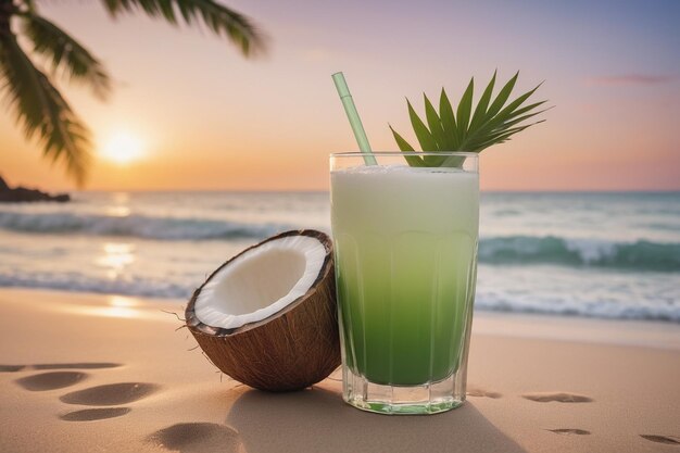 エキゾチックな夏の飲み物 背景の砂浜がぼやけています