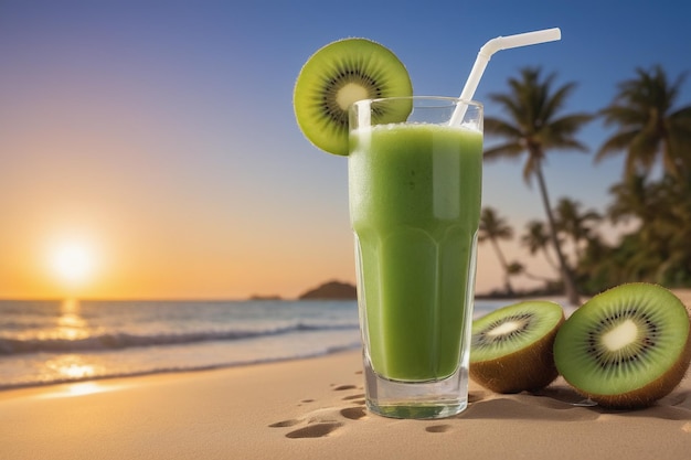 Exotic summer drinks blurred sandy beach on background