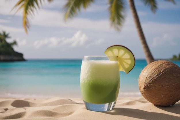 エキゾチックな夏の飲み物 背景の砂浜がぼやけています