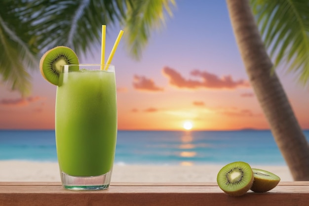 Exotic summer drinks blurred sandy beach on background