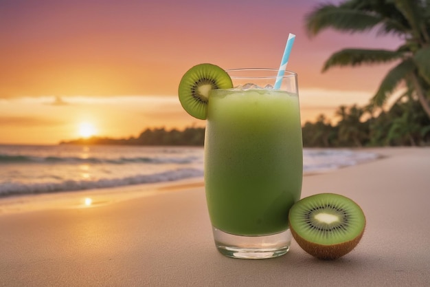 エキゾチックな夏の飲み物 背景の砂浜がぼやけています