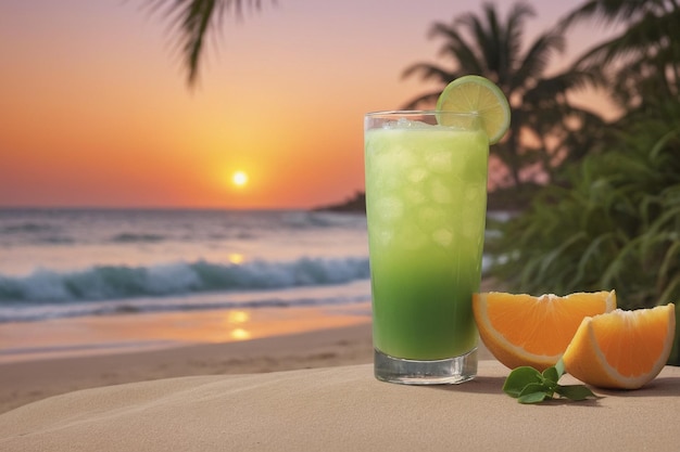 Exotic summer drinks blurred sandy beach on background