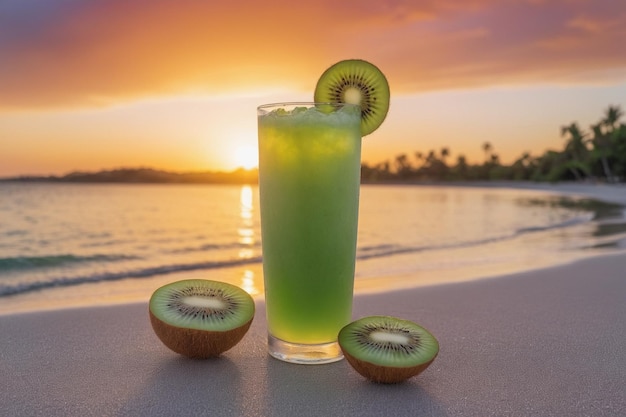 エキゾチックな夏の飲み物 背景の砂浜がぼやけています