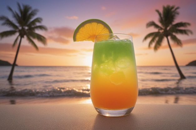 Exotic summer drinks blurred sandy beach on background