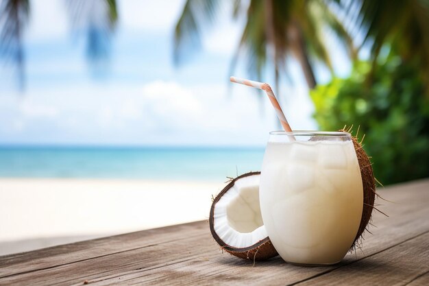 写真 エキゾチックな夏の飲み物 背景の砂浜がぼやけています