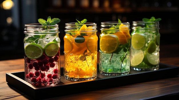 Exotic summer drinks refreshing variety of cold drinks glasses fresh fruit and vegetable on ice