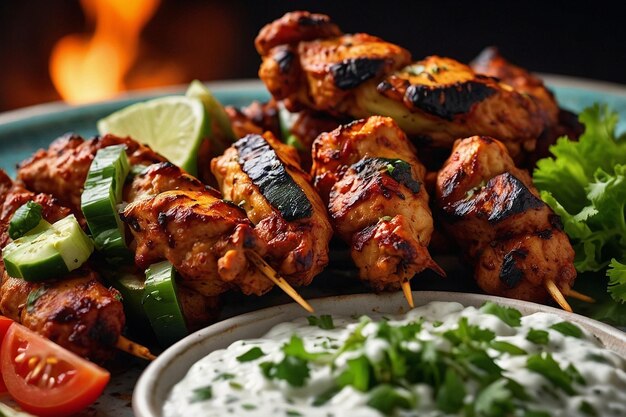 Foto exotici kebab di pollo tandoori con pane naan e rai