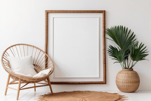 Exotic tropical boho interior still life Blank white vertical picture frame mockup on rattan chair