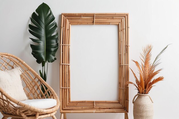 Photo exotic tropical boho interior still life blank white vertical picture frame mockup on rattan chair