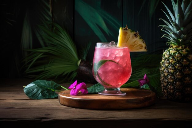 Photo exotic tropical cocktail with pineapple and umbrella generative ia