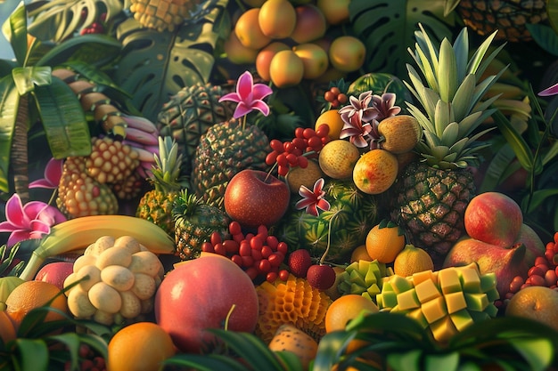 Exotic tropical fruits arranged in a colorful disp