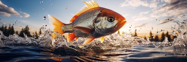 Exotic tropical gold fish jumps above the water in the ocean