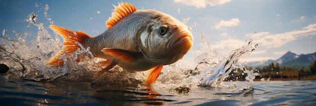 エキゾチックな熱帯の金魚が海の水の上をジャンプします。