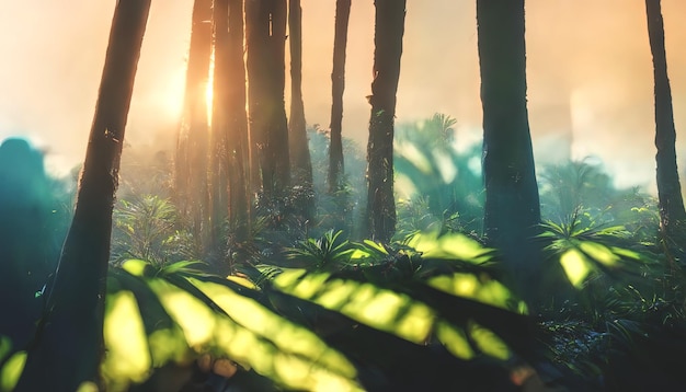 나뭇잎 그림자를 통해 일몰 태양 광선에 이국적인 열대 야자수 열대 숲 이국적인 숲 배경 녹색 오아시스 3D 그림