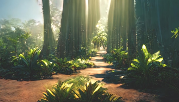 Exotic tropical palm forest at sunset sun rays through leaves shadows Tropical forest exotic forest background green oasis 3D illustration