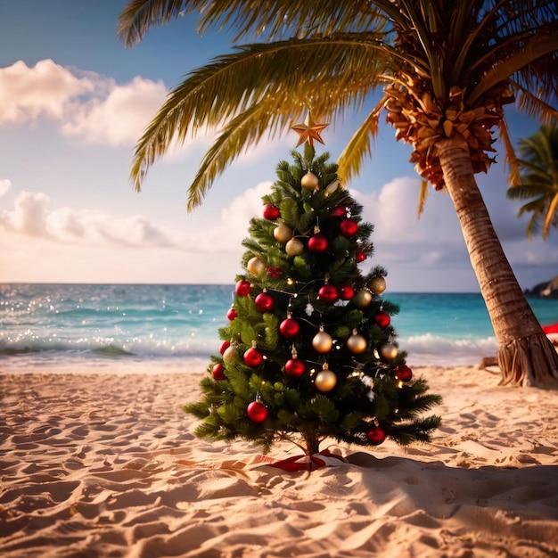 Exotic tropical summer Christmas holiday with Christmas tree on beach