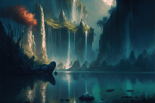 Exotic waterfall and lake panorama landscape of Plitvice Lakes Digital illustration AI