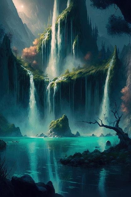 Exotic waterfall and lake panorama landscape of Plitvice Lakes Digital illustration AI