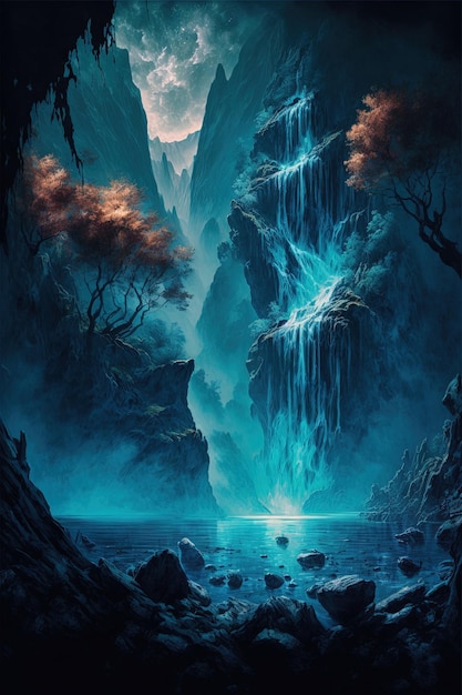 Экзотический водопад и панорама озера Плитвицкие озера Цифровая иллюстрация AI