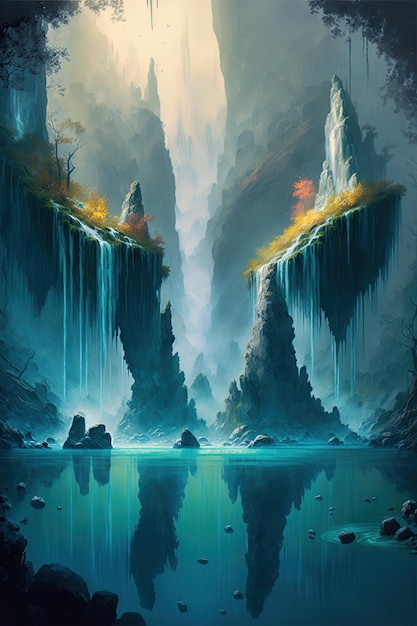 Exotic waterfall and lake panorama landscape of Plitvice Lakes Digital illustration AI