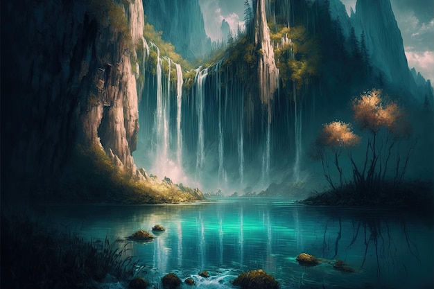 Exotic waterfall and lake panorama landscape of Plitvice Lakes Digital illustration AI