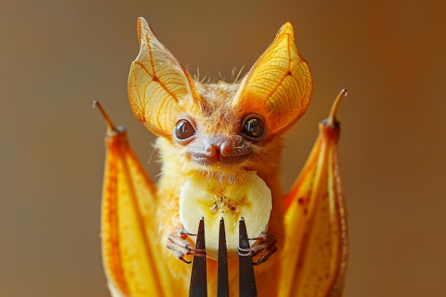 Foto exotico pipistrello giallo aggrappato a una forchetta con frutta