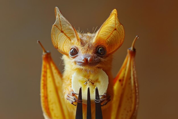 Photo exotic yellow bat clinging to a fork with fruit